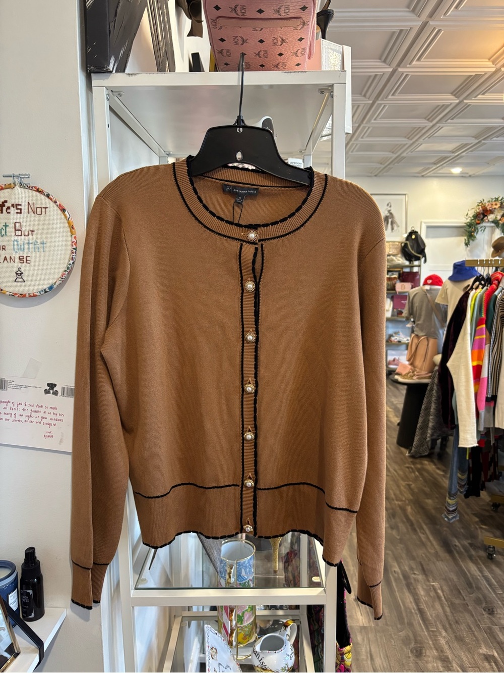 Adrianna Papell Camel Cardigan with Black Trim NWT